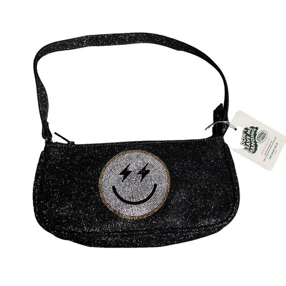SkinnyDip Purse Black Silver Shimmer Glitter Smiley Face Bling NWT - Picture 1 of 9
